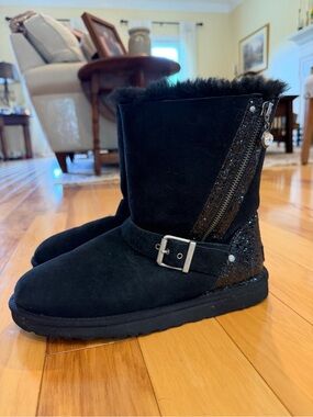 UGG Sparkle Glitter Ankle Boots Black Suede Sequin Zip Buckle Sz 8 - 1004271
